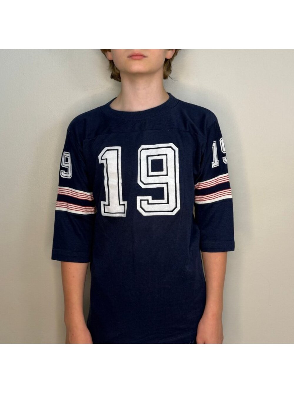 Vintage 1960s/70s Kids Navy Blue Jersey T-Shirt, Number 19, Never Iron by Campu - Picture 4 of 7